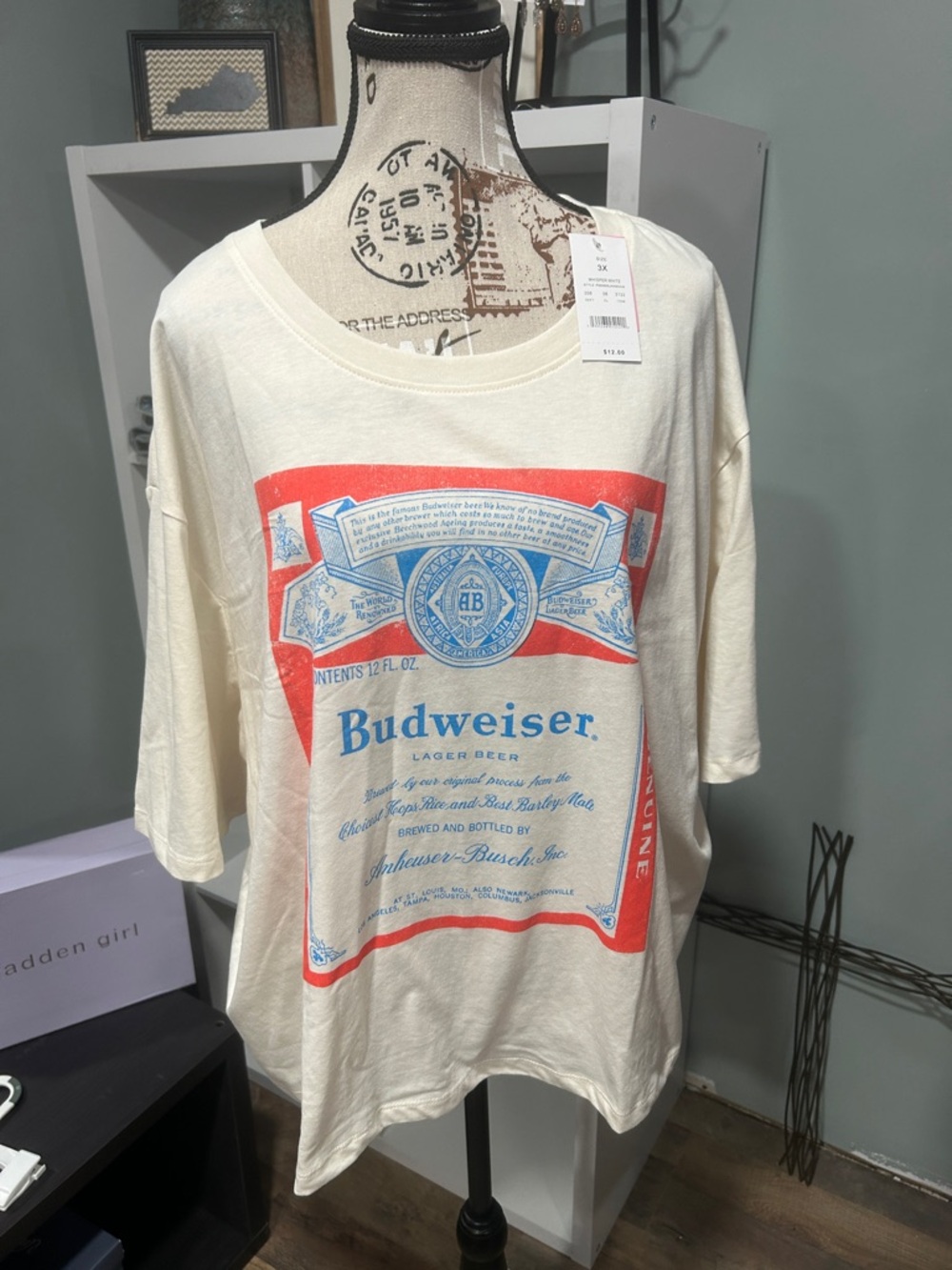 Budweiser Cream Tee with Red & Blue Label Graphic - Picture 1 of 3
